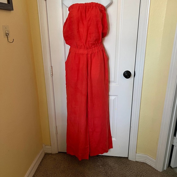 Jolie Los Angeles 100% Linen Orange Strapless Jumpsuit Wide Leg M - Picture 1 of 9